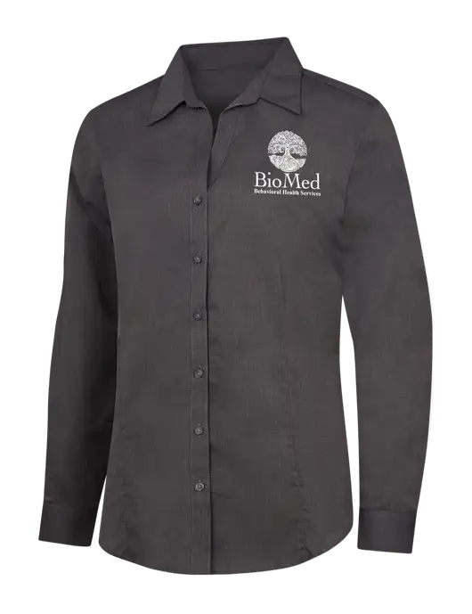 Womens Soft Black Crosshatch Easy Care Shirt w/BioMed Logo