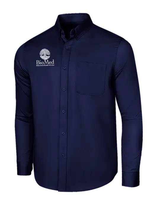Long Sleeve Navy Superpro React Twill Shirt w/BioMed Logo