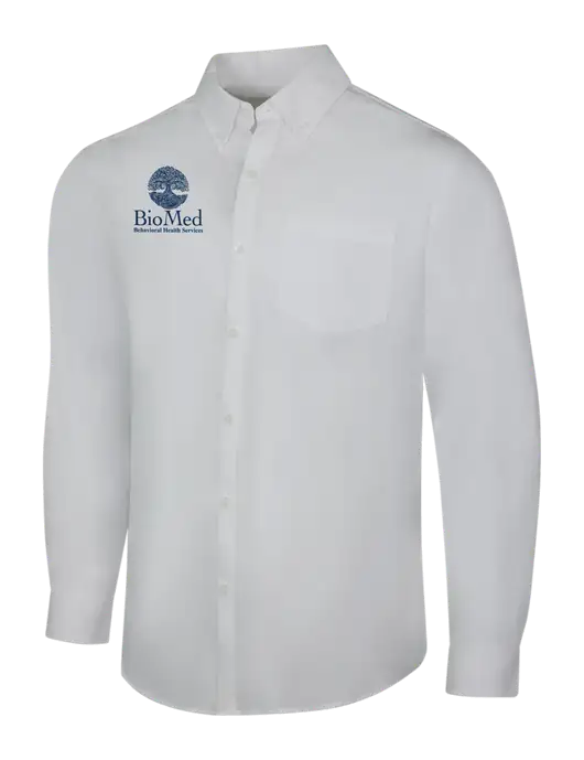 White Long Sleeve Carefree Poplin Shirt w/BioMed Logo