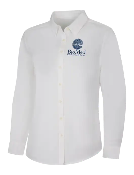 Womens White Long Sleeve Superpro React Twill Shirt w/BioMed Logo