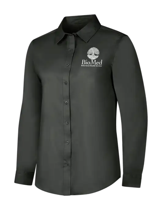 Dark Grey Womens Long Sleeve Superpro React Twill Shirt w/BioMed Logo