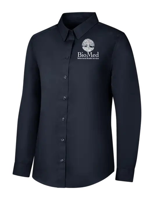 Womens River Blue Navy Long Sleeve Carefree Poplin Shirt w/BioMed Logo