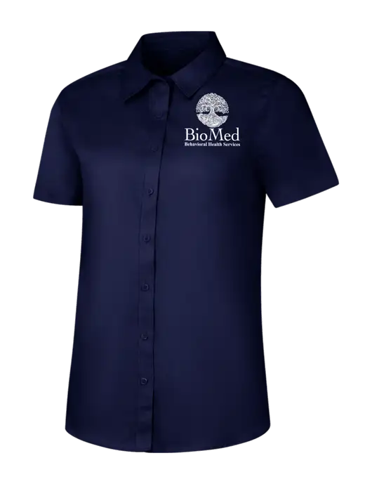 Womens Navy Short Sleeve Superpro React Twill Shirt w/BioMed Logo