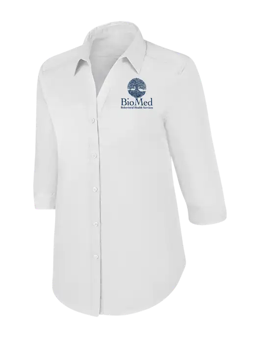 Womens White 3/4 Sleeve Carefree Poplin Shirt w/BioMed Logo