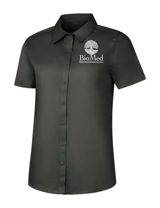 Womens Dark Grey Short Sleeve Superpro React Twill Shirt w/BioMed Logo