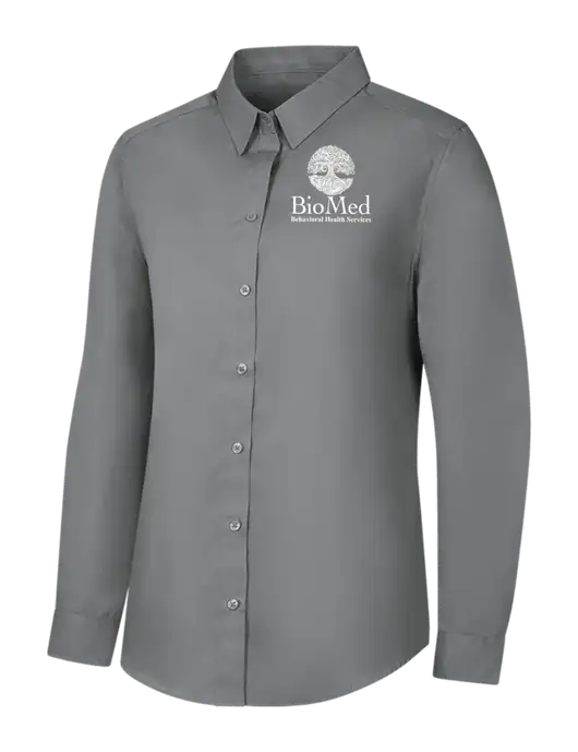 Womens Medium Grey Long Sleeve Carefree Poplin Shirt w/BioMed Logo
