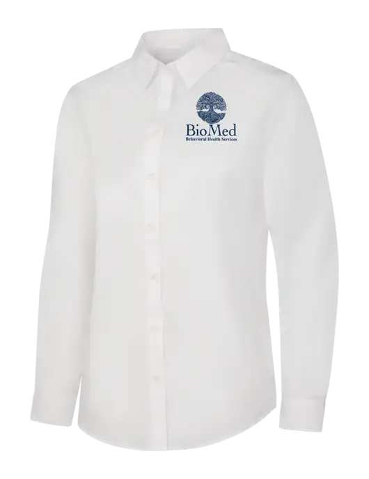 Womens White Long Sleeve Carefree Poplin Shirt w/BioMed Logo