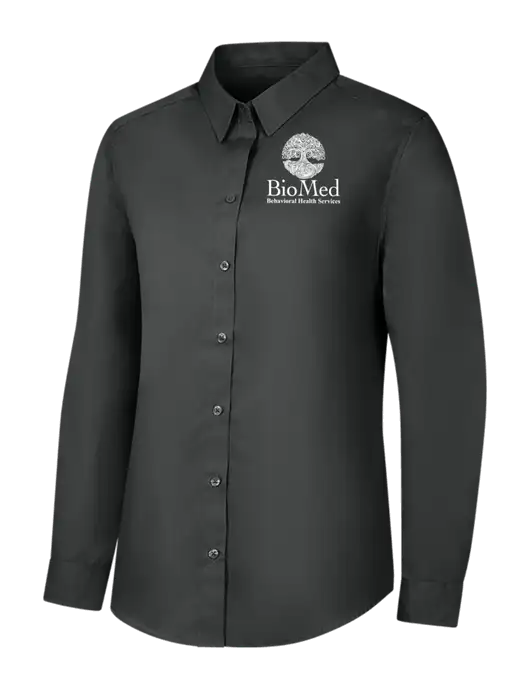 Womens Dark Grey Long Sleeve Carefree Poplin Shirt w/BioMed Logo