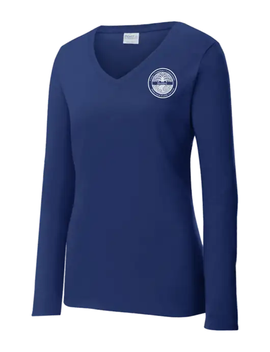 Womens  V-Neck Ring Spun Navy 4.5 oz Long Sleeve T-Shirt w/BioMed Logo