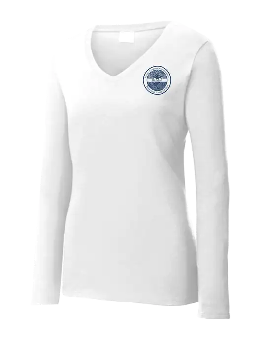 Womens  V-Neck Ring Spun White 4.5 oz Long Sleeve T-Shirt w/BioMed Logo