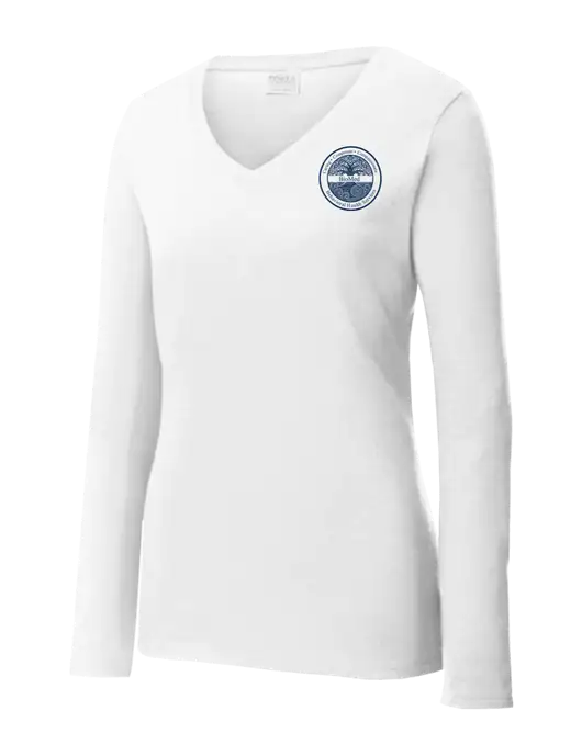 Womens  V-Neck Ring Spun White 4.5 oz Long Sleeve T-Shirt w/BioMed Logo