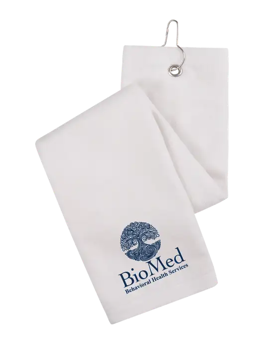 White Tri-Fold Golf Towel with Grommet w/BioMed Logo
