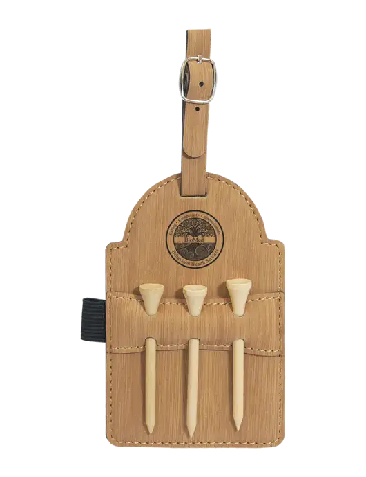 Bamboo Leatherette Golf Bag Tag with 3 Wooden Tees w/BioMed Logo