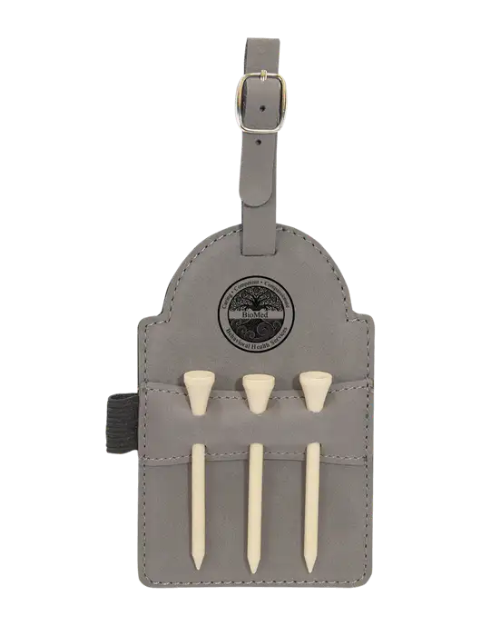 Grey Leatherette Golf Bag Tag with 3 Wooden Tees w/BioMed Logo