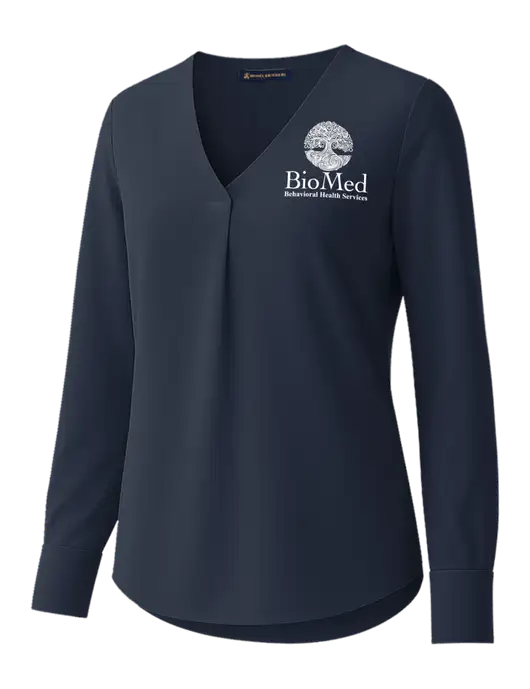 Brooks Brothers Womens Dark Navy Open-Neck Satin Blouse  w/BioMed Logo
