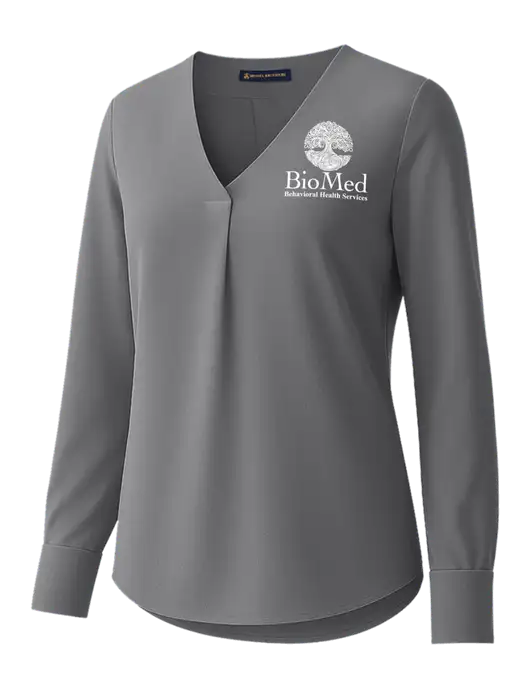 Brooks Brothers Womens Medium Grey Open-Neck Satin Blouse  w/BioMed Logo