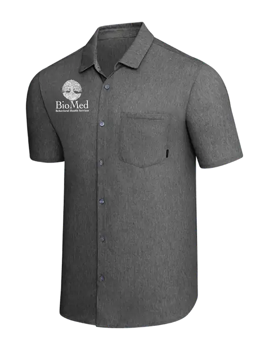 OGIO Dark Grey Heather Extend Short Sleeve Button Up Shirt w/BioMed Logo
