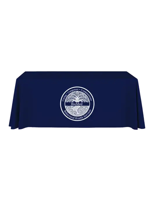 6' Stain-Resistant 4-Sided Dark Navy Table Cover w/BioMed Logo